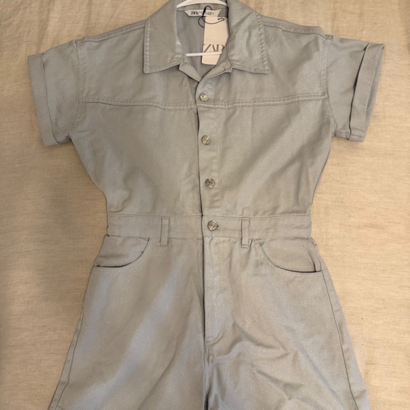 NWT Zara High-Waist Shimmer Denim Cotton Romper - Picture 3 of 3